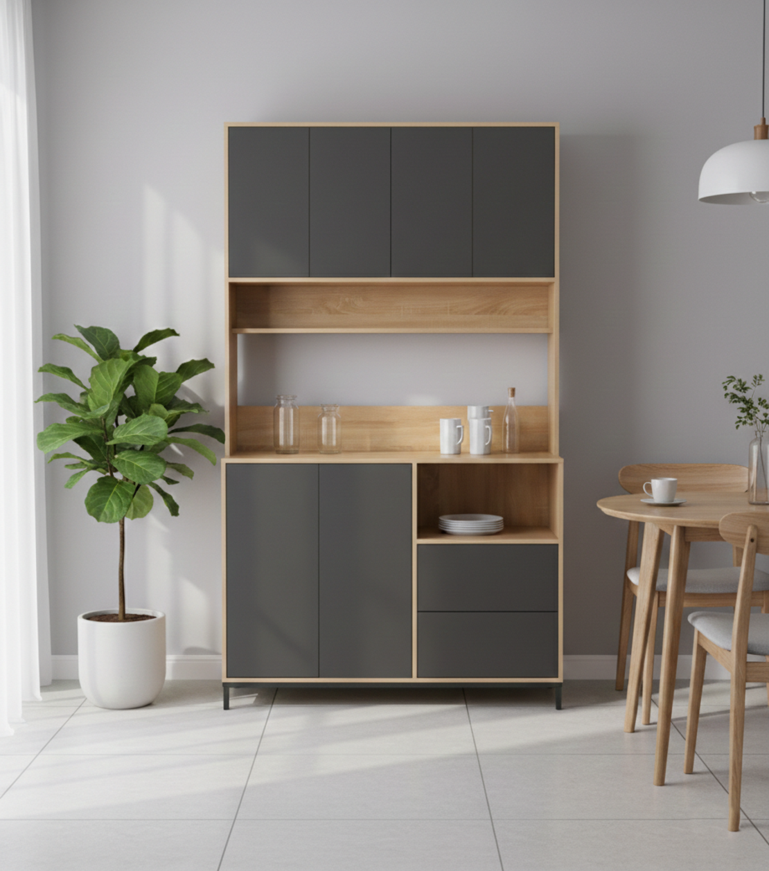 ארון שירות למטבח 120×210 עם מקום למיקרוגל דגם אוריין Orian אפור משולב עץ | מבית WOODY