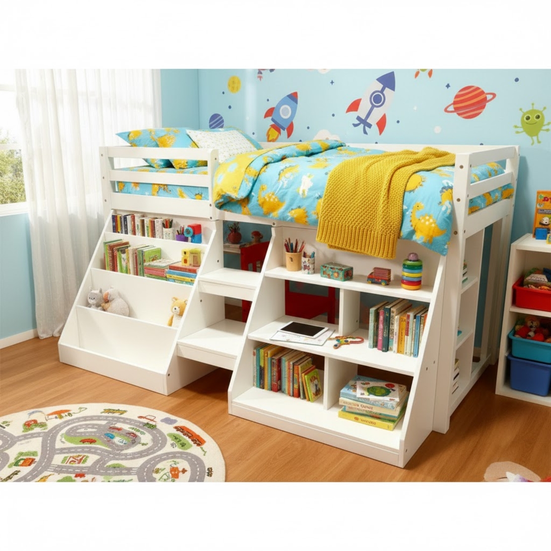 מיטת גלריה לילדים עם מדפים אחסון מזרן וסולם דגם קרין KARIN