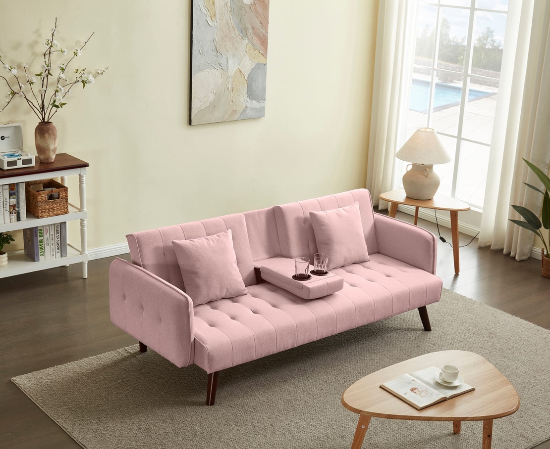 ספה נפתחת למיטה כולל בר כוסות דגם סיקסטיז ורוד