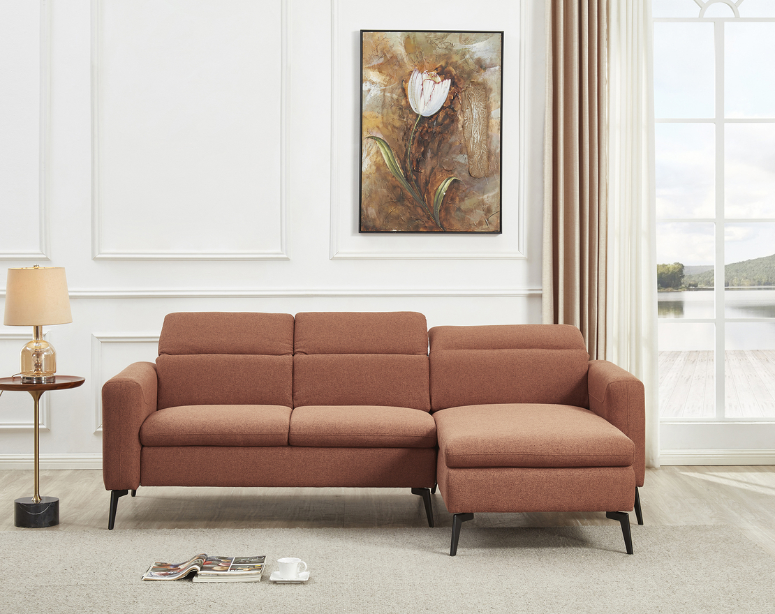 ספה פינתית מודולרית עם ריקליינר ראש מבד אריג רחיץ דוחה כתמים דגם צ’לסי כתום