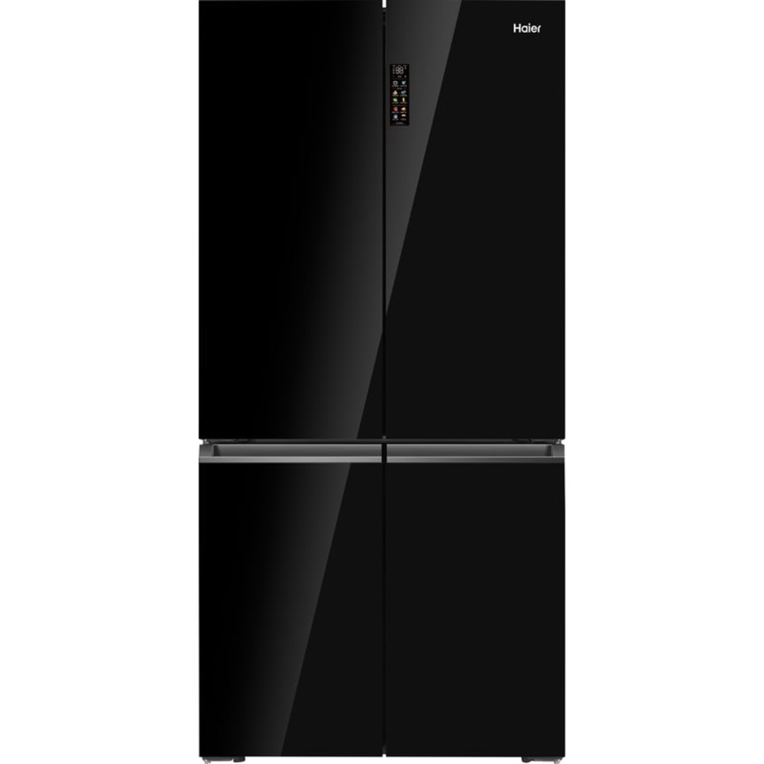 מקרר 4 דלתות מקפיא תחתון 681 ליטר Haier HRF 825FB עם יצרן קרח חשמלי והתקן שבת מובנה - גימור זכוכית שחורה