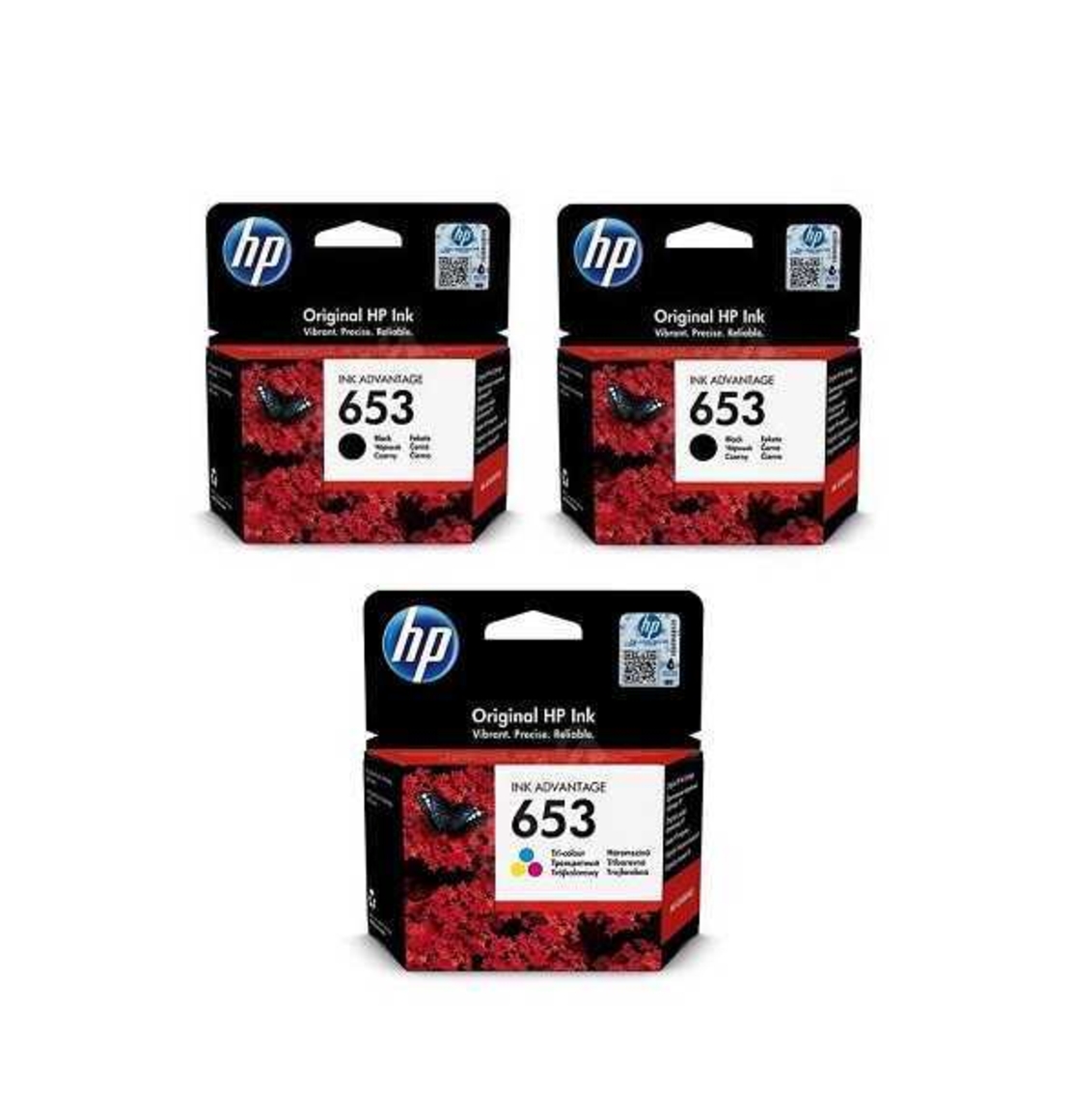 2 ראשי דיו מקוריים HP 653 שחורים + ראש דיו צבעוני HP 653 מקורי