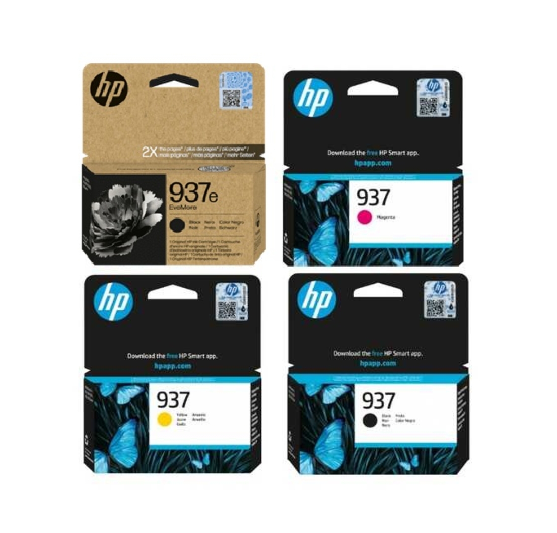 סט ראשי דיו מקורי: HP 937e שחור גדול + ראשי דיו hp 937c/m/y קטנים