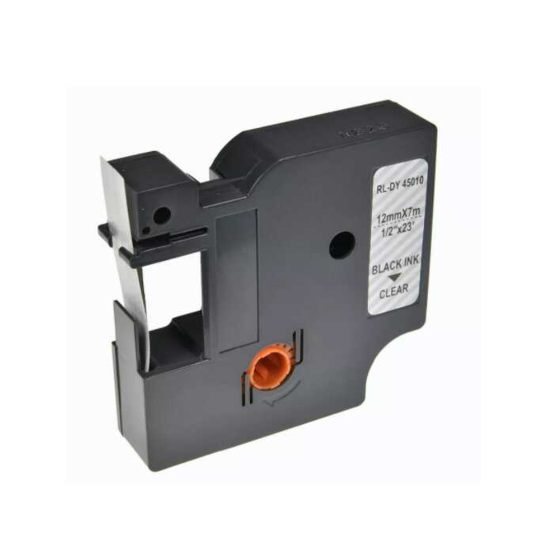 סרט תואם DYMO 45010 דימו 12מ”מ /7מ’ שחור על רקע שקוף