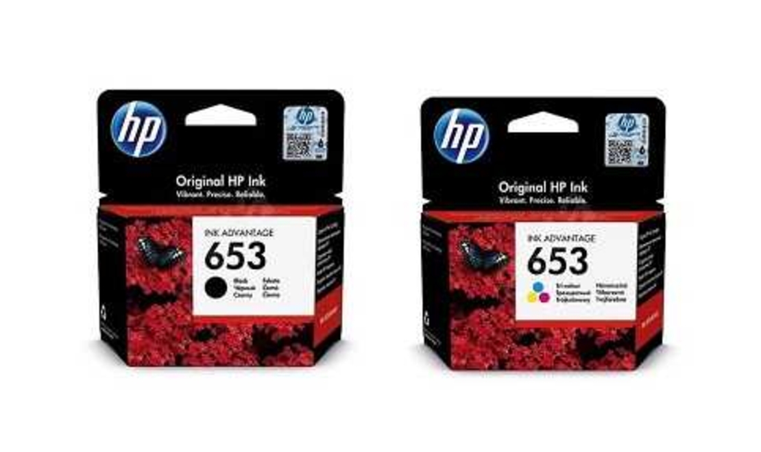 זוג ראשי דיו מקוריים: HP 653 שחור + HP 653 צבעוני