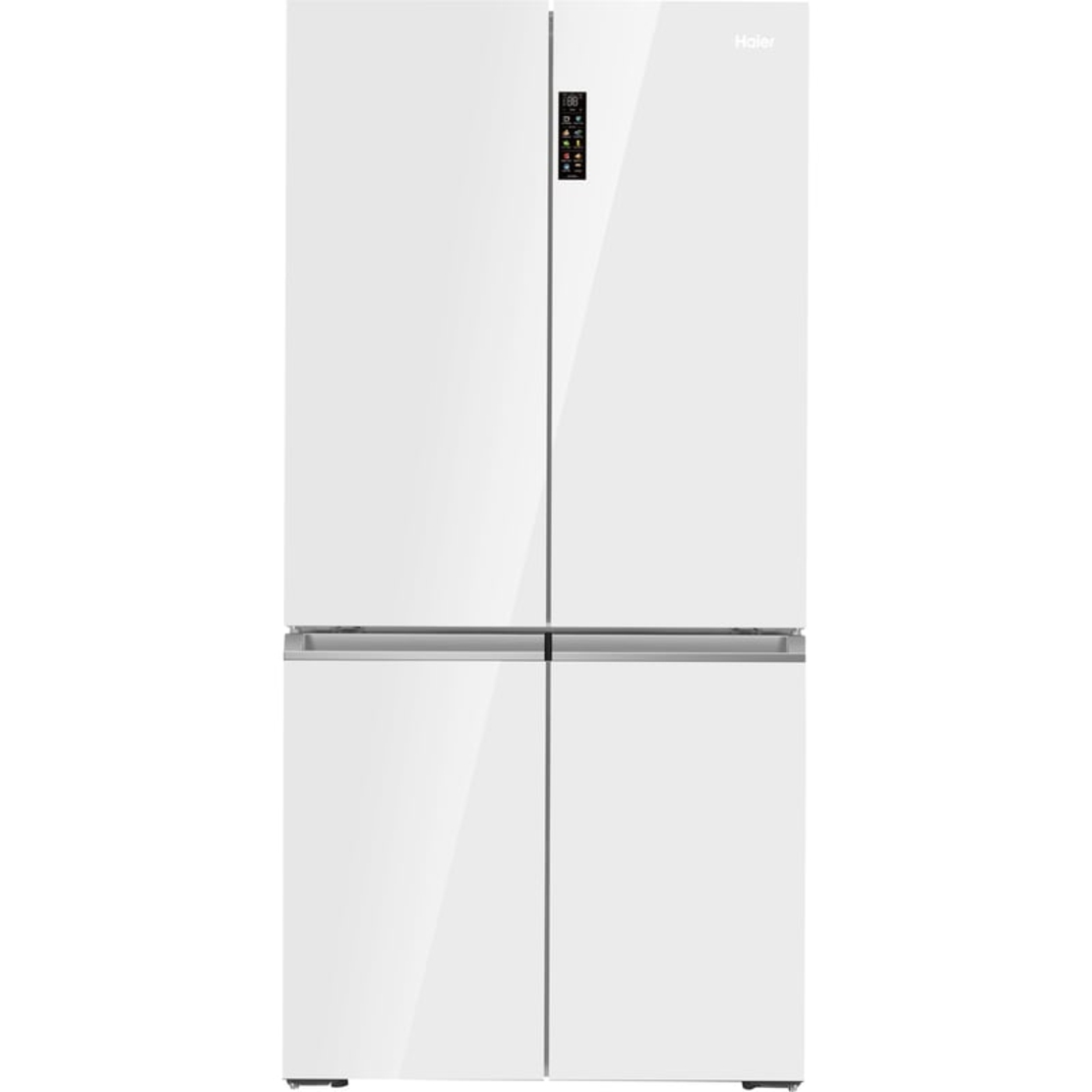 מקרר 4 דלתות מקפיא תחתון 681 ליטר Haier HRF 825FW עם יצרן קרח חשמלי והתקן שבת מובנה - גימור זכוכית לבנה