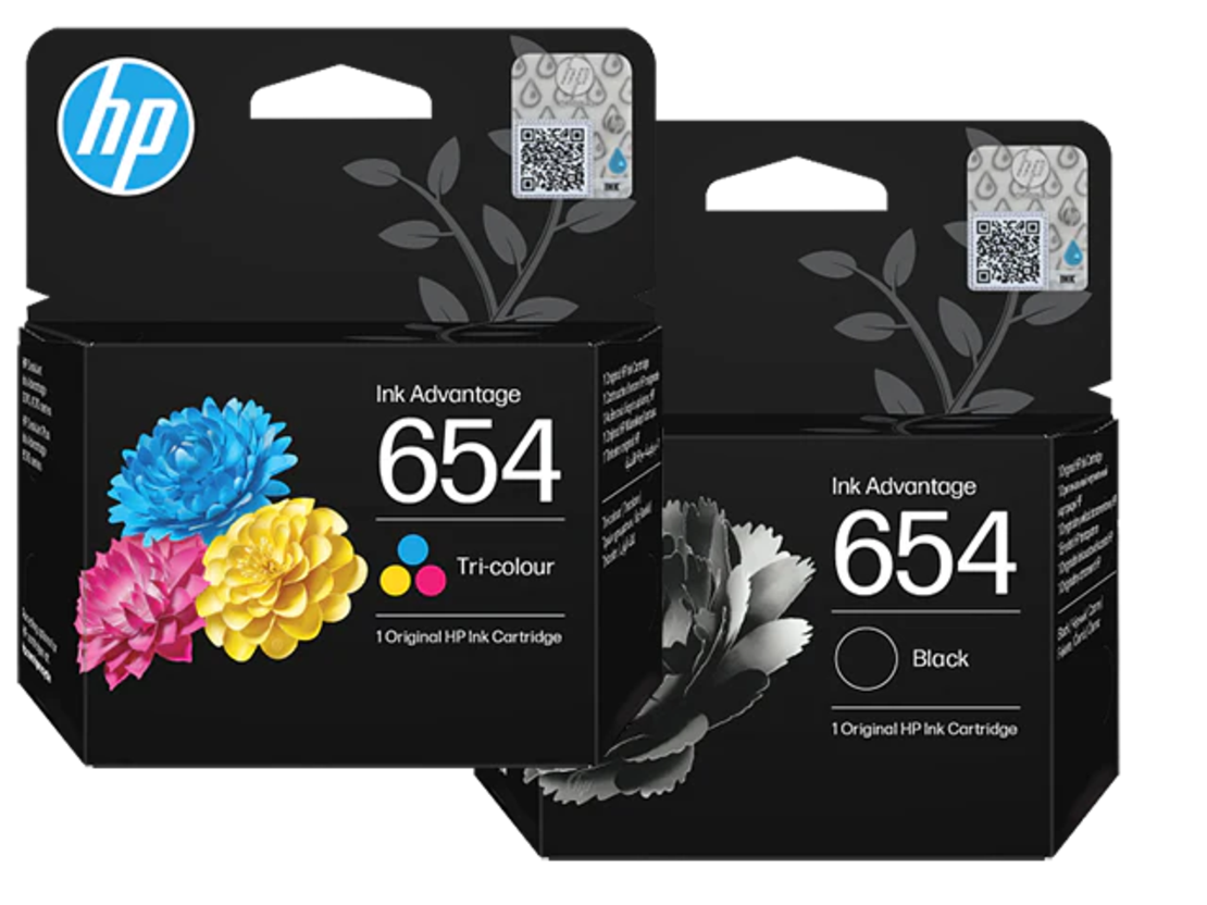 זוג ראשי דיו מקוריים: HP 654 שחור + HP 654 צבעוני