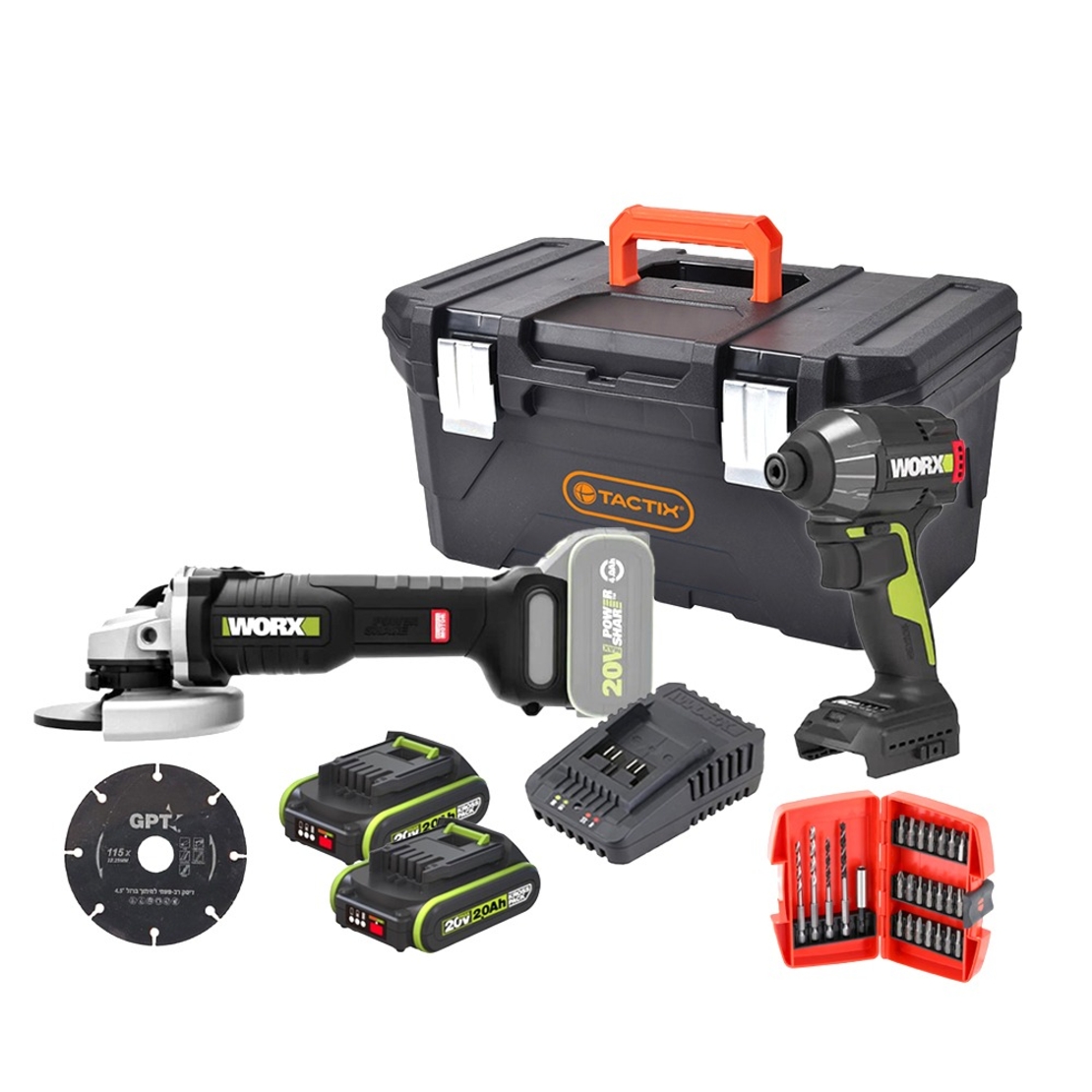 ערכת WORX 20V – מברגת אימפקט + משחזת 4.5