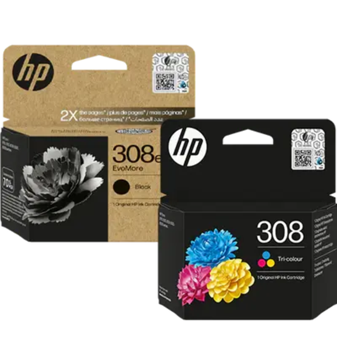 זוג ראשי דיו מקוריים: HP 308e שחור + HP 308 צבעוני