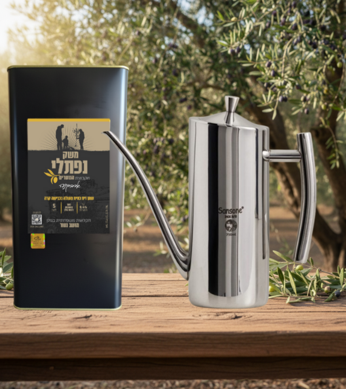 קנקן נירוסטה לשמן זית – 750 מ”ל + 5 ליטר שמן זית