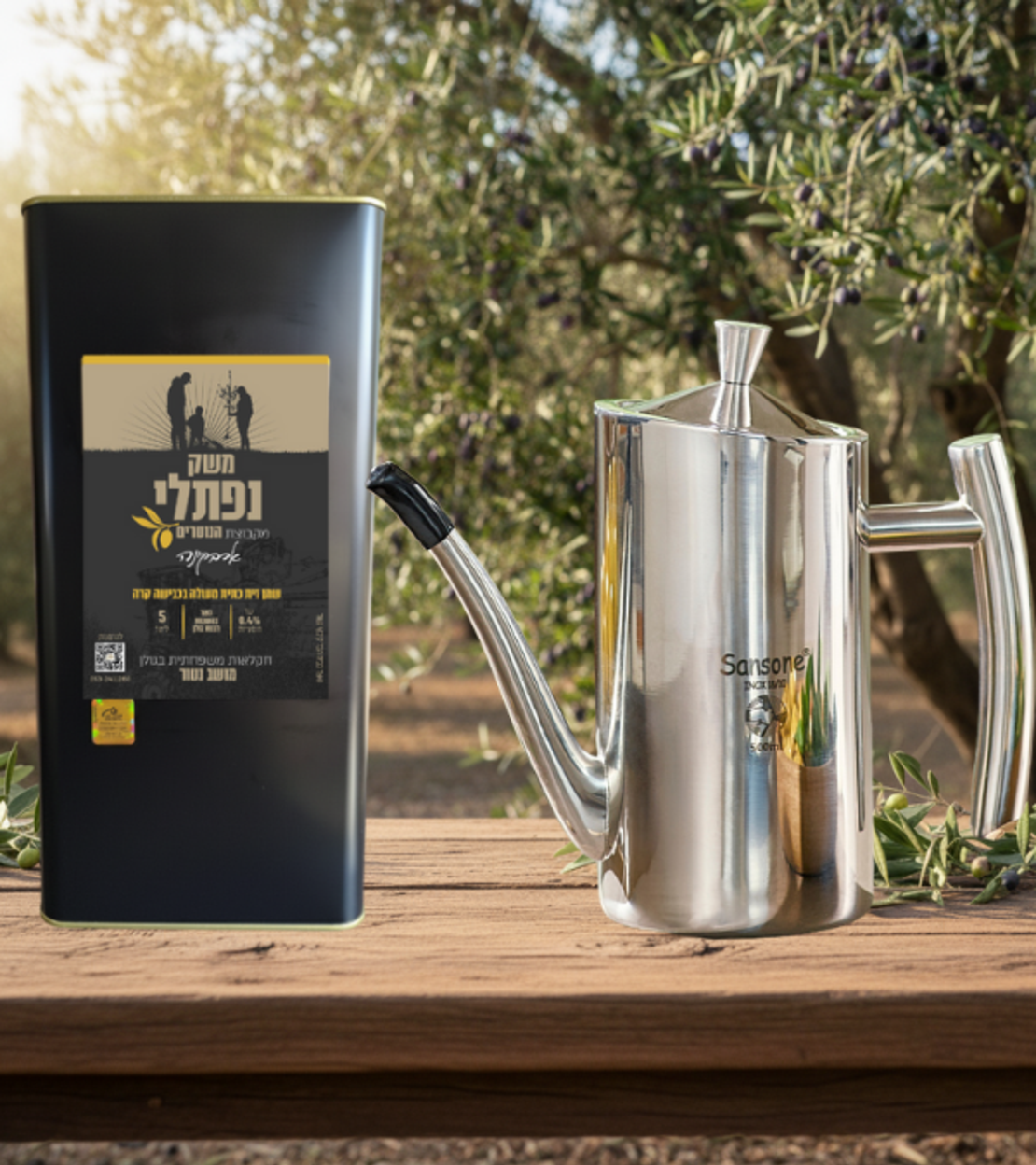 קנקן נירוסטה לשמן זית – 500 מ”ל + 5 ליטר שמן זית