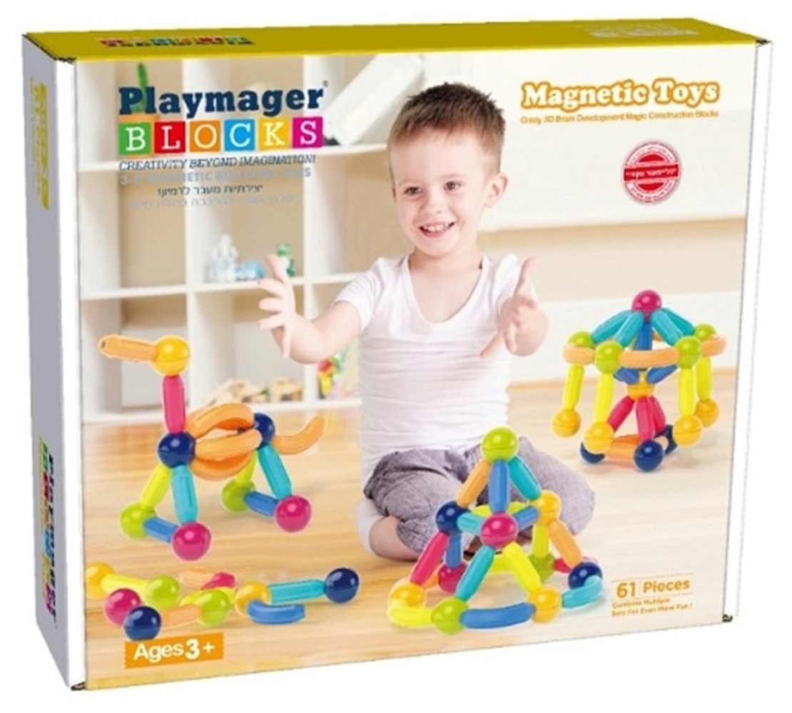 משחק מגנטים מוטות וכדורים דקים 61 חלקים PLAYMAGER