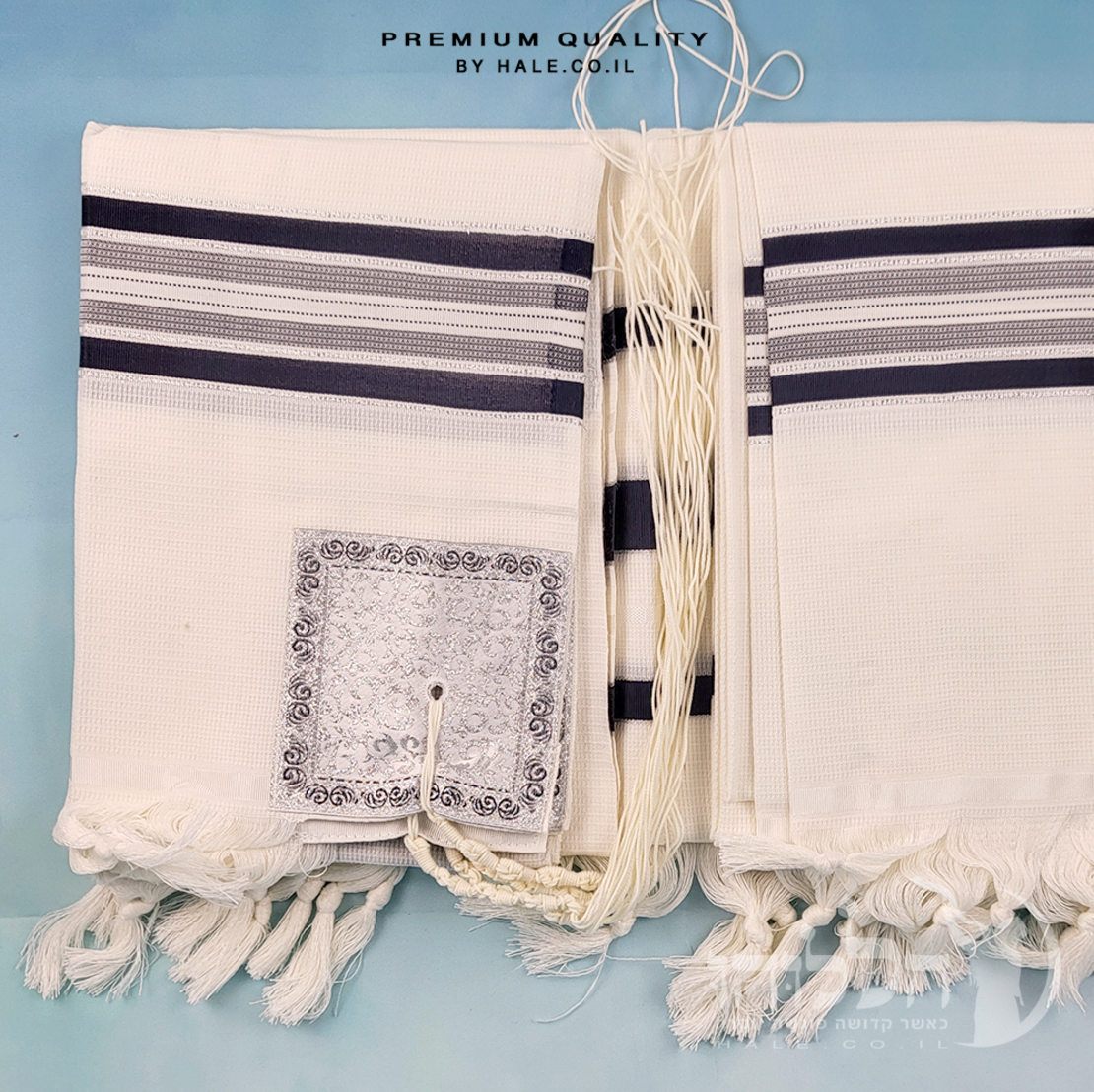 טלית 100% צמר תשבץ – פסים כחולים - 500