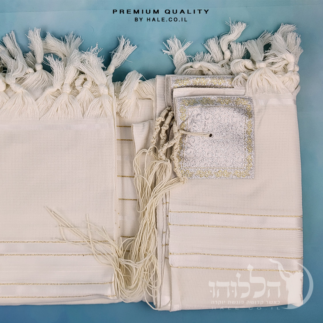 טלית 100% צמר תשבץ – פסים זהב - 504