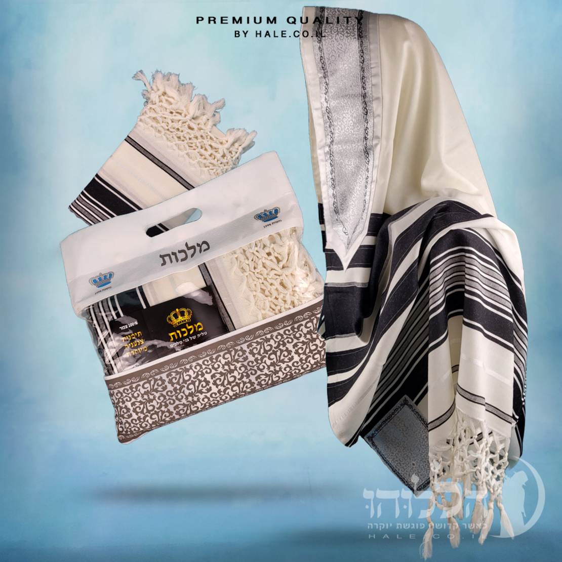 טלית תימנית 100% צמר חלק – פסים שחורים - 263
