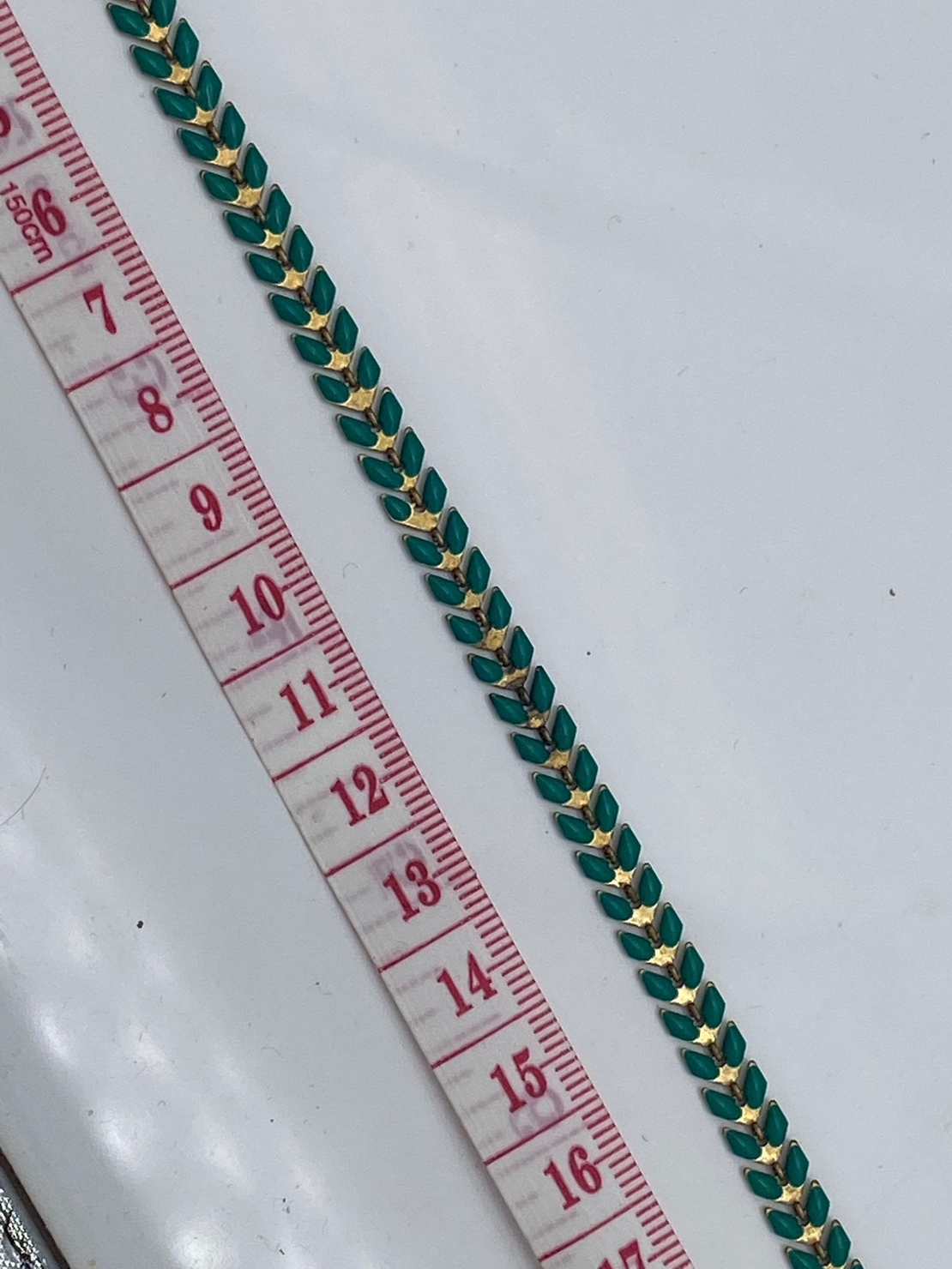 שרשרת פליז בעבודת יד עלים- צביעת אמייל ירוק(24)