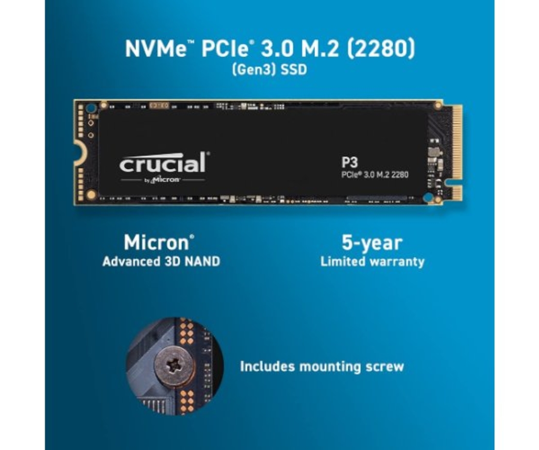 דיסק פנימי Crucial P3 500GB PCIe NVME 3.0 3D Nand Up To 3500MB/s