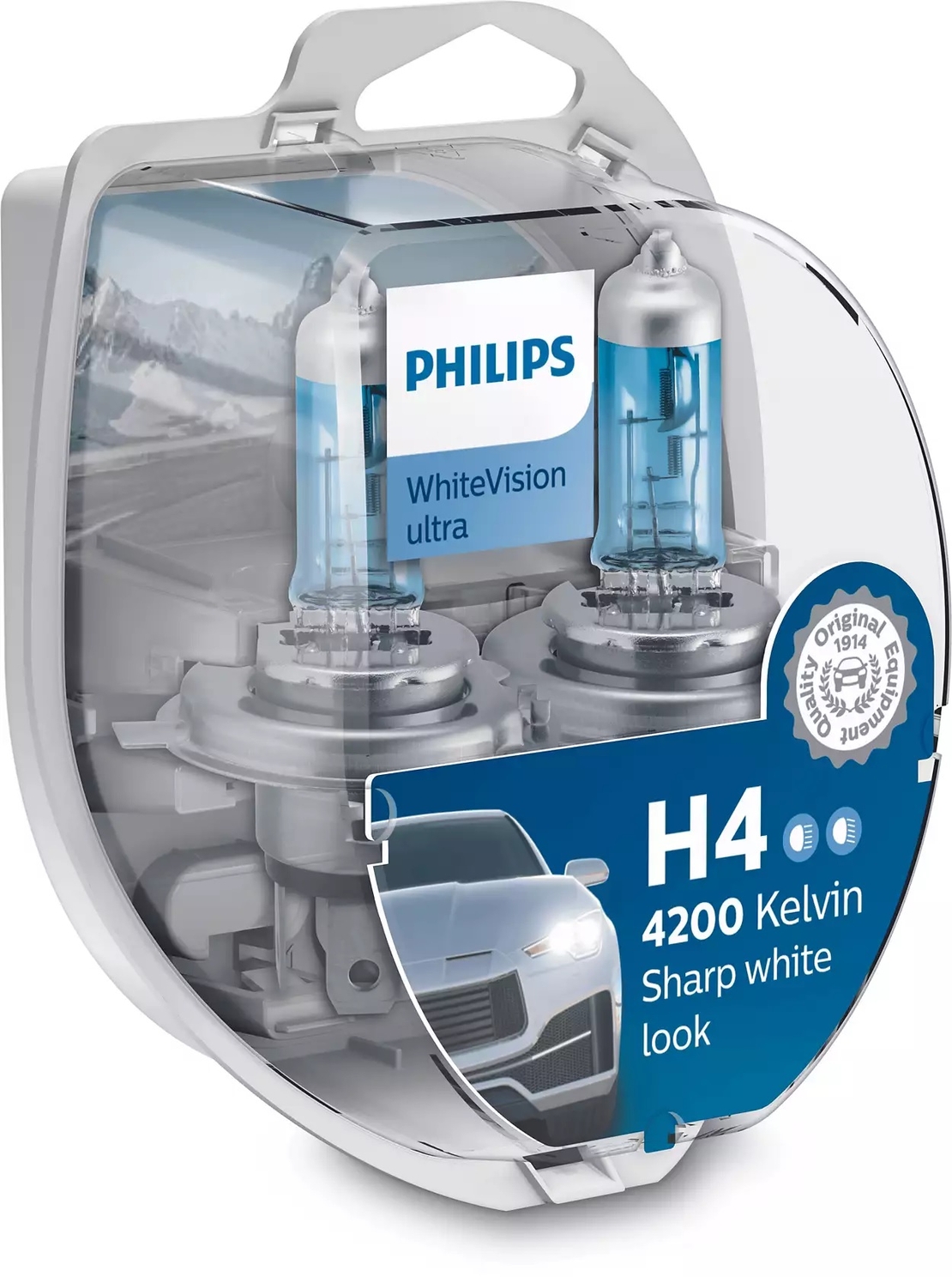 זוג נורות PHILIPS WHITE VISION ULTRA 55W 12V H4