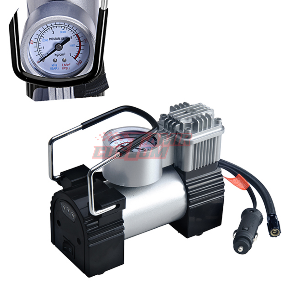 קומפרסור מקצועי לרכב עם גוף מתכת ובוכנה אחת 100 PSI, חיבור למצת ומד לחץ אוויר