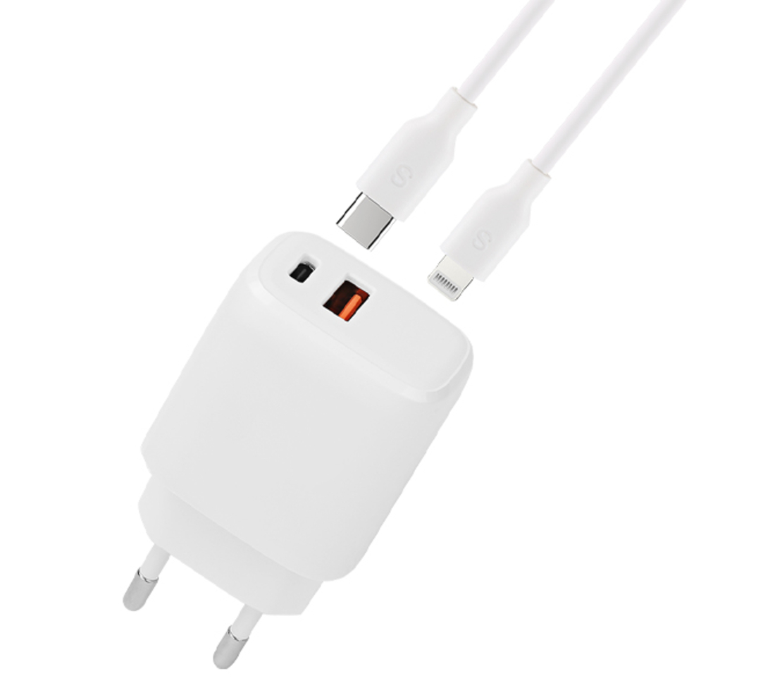 מטען קיר 2 יציאות USB+Type C - כבל Ligtning to Type C