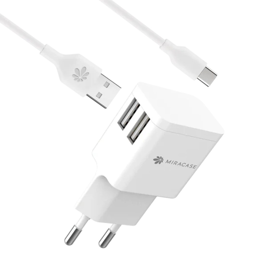 מטען סלולר כפול USB לבן + כבל MIRACASE 2.4A 12W 1.2M TYPE-C