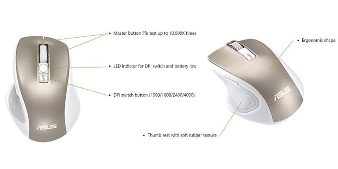 עכבר אלחוטי ארגונומי ASUS MW202 MultiDevice Wireless Silent Mouse GOLD WHITE