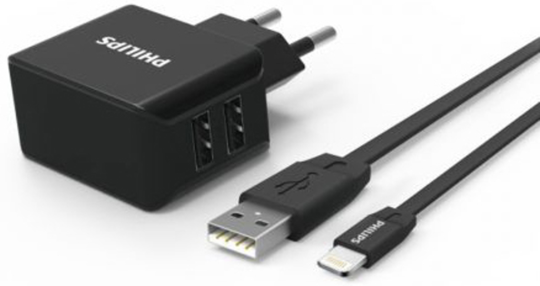 מטען סלולר כפול שחור + כבל PHILIPS 3.1A 15.5W LIGHTNING APPLE