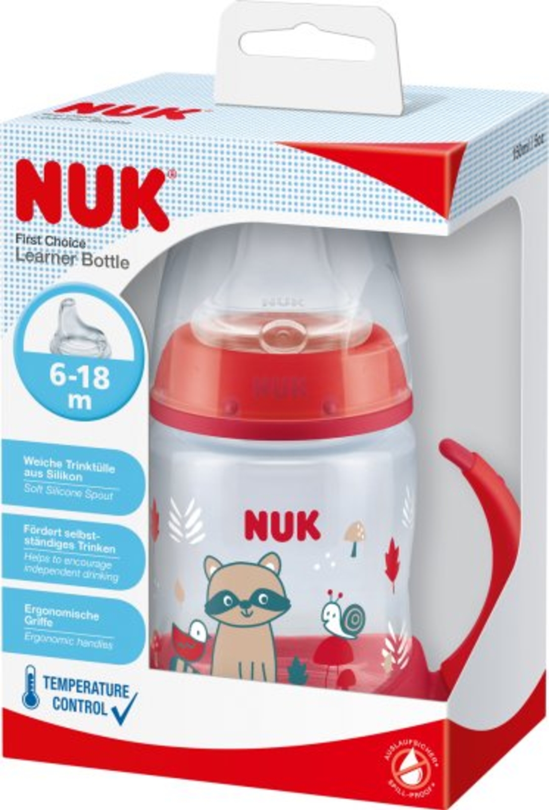 בקבוק  אימון עם מד בקרת טמפרטורה וידיות 150 מ''ל NUK - צבע אדום