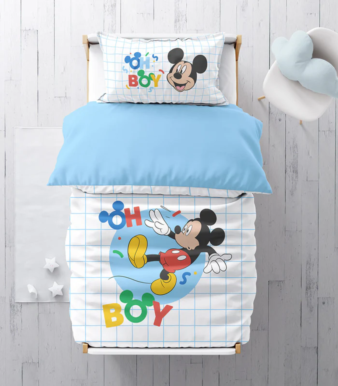 סט מצעים למיטת תינוק/מעבר 100%כותנה דגם מיקי בוי