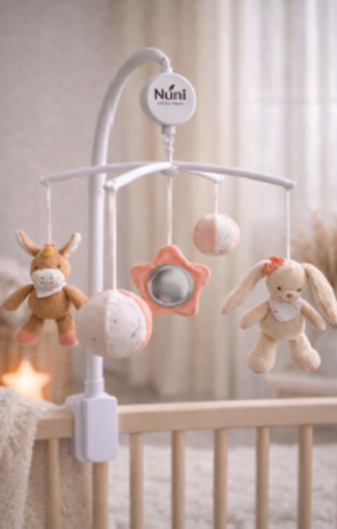 מובייל מנגן NUNI – דמויות ארנב, חמור וכדורי בד רכים עם מנגינה מרגיעה