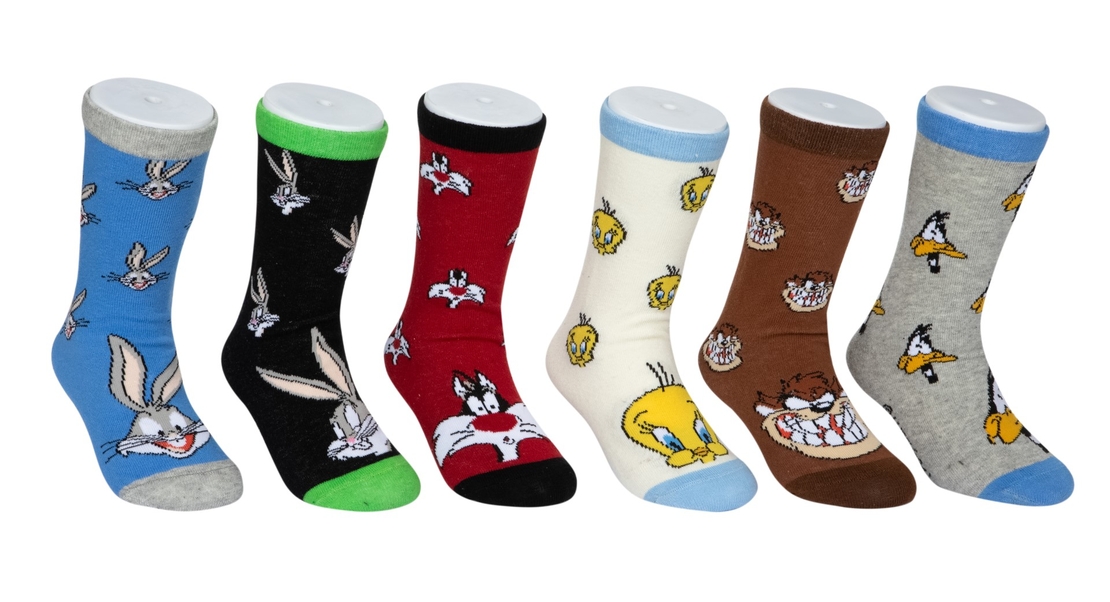 גרבי לוני טונס כותנה מעוצבים לילדים, 6 זוגות מידת one size שמתאימה למידות 24-34