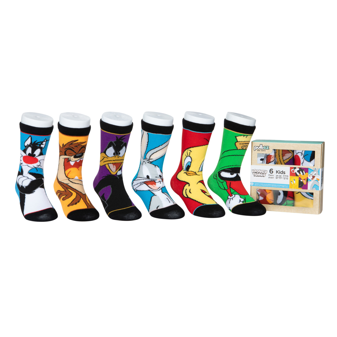 גרבי לוני טונס כותנה מעוצבים לילדים, 6 זוגות מידת one size שמתאימה למידות 24-34