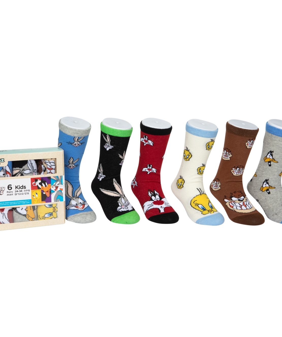 גרבי לוני טונס כותנה מעוצבים לילדים, 6 זוגות מידת one size שמתאימה למידות 24-34