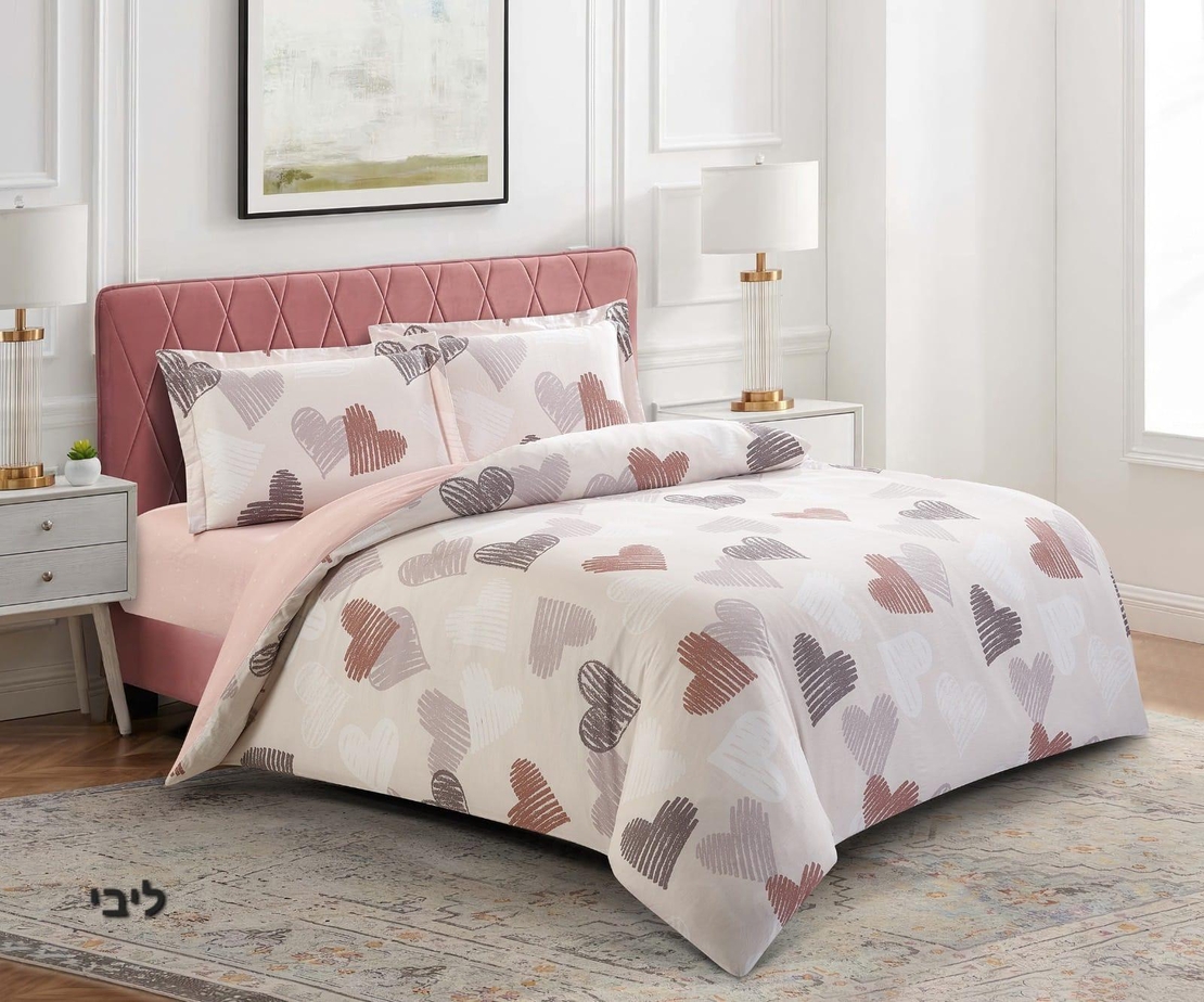 סט מצעים לבבות ורוד  100% כותנה למיטה יחיד 90/200