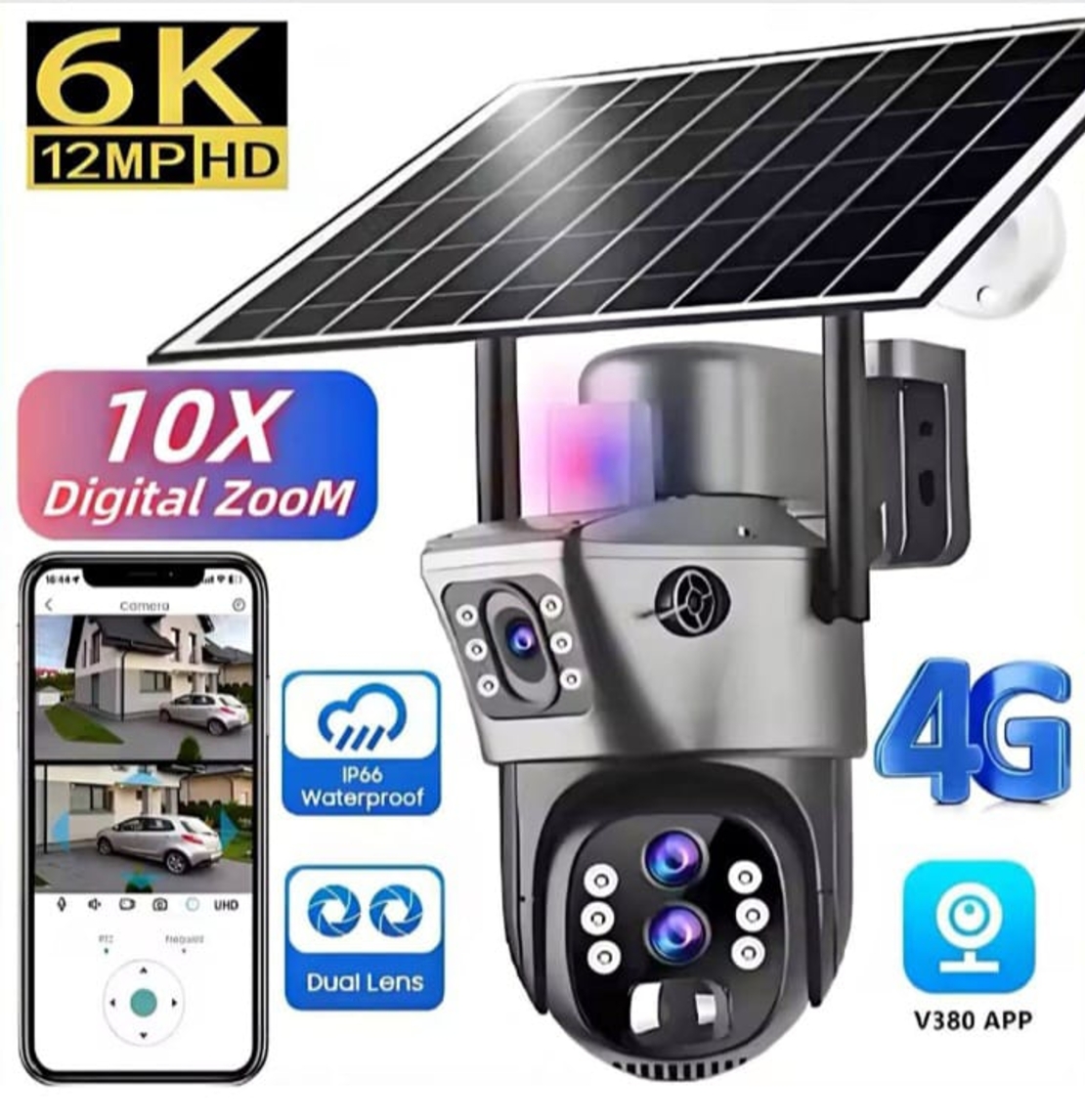 מצלמת אבטחה סולארית חכמה 6K עם חיבור 4G ועדשה כפולה