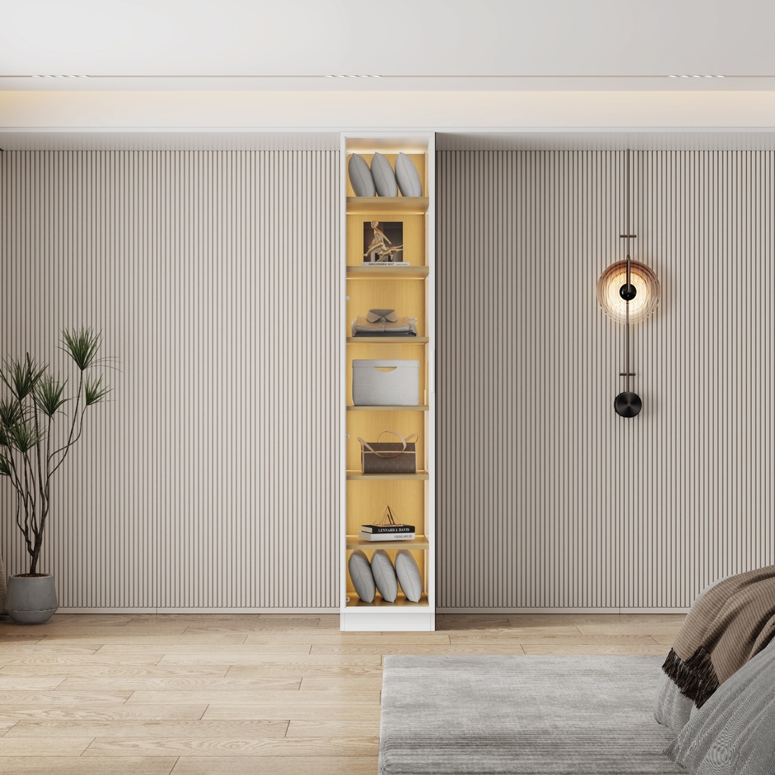 ארון בגדים דלת זכוכית עם תאורת LED רוחב 40 דגם ונציה לבן משולב עץ טבעי | מבית WOODY