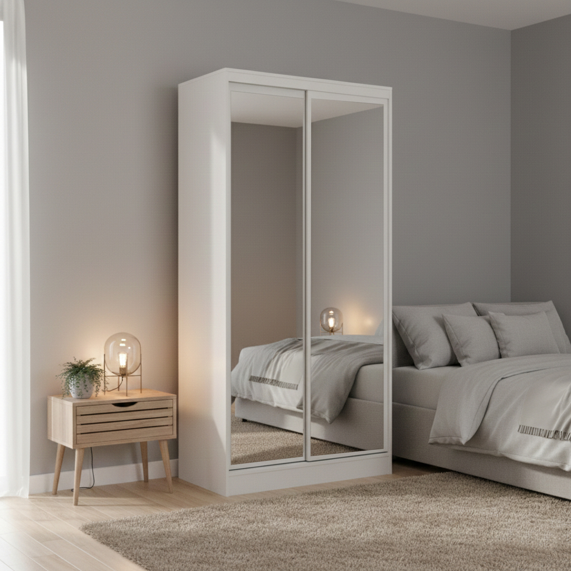 ארון הזזה 2 דלתות 100×220 עם מראות דגם מיאמי Miami לבן | מבית WOODY