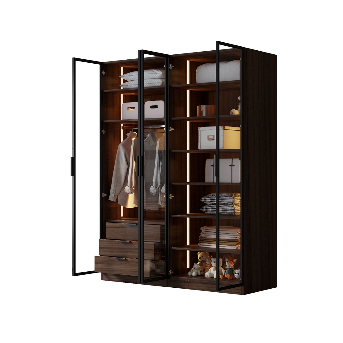 ארון בגדים 4 דלתות זכוכית עם תאורת LED דגם קופנהגן חום כהה | מבית WOODY