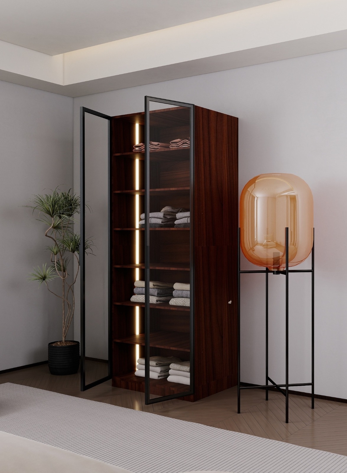 ארון בגדים 2 דלתות זכוכית עם תאורת LED רוחב 80 דגם ונציה חום כהה | מבית WOODY