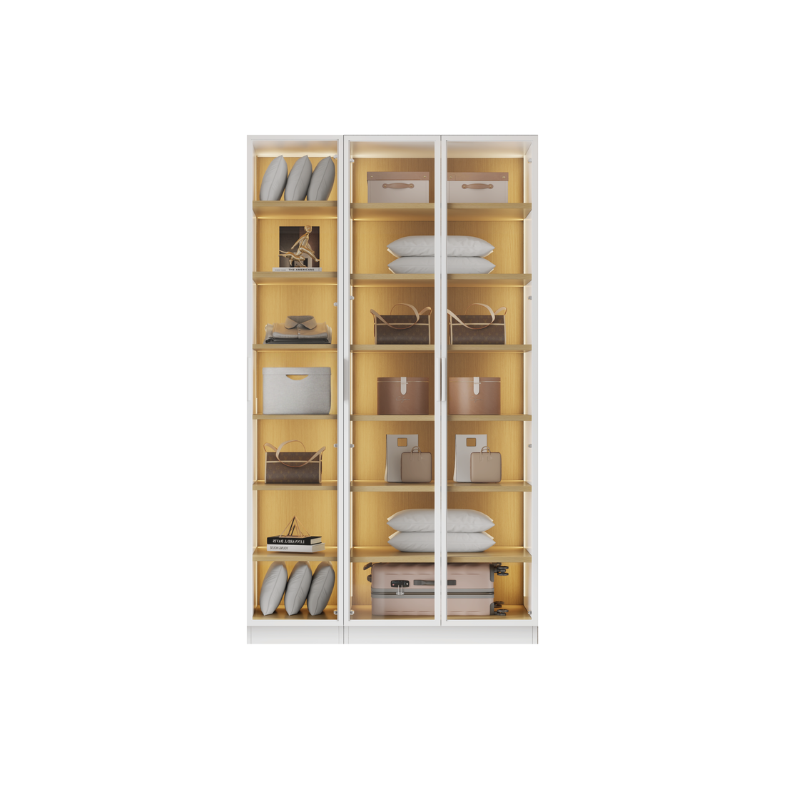 ארון בגדים 3 דלתות זכוכית עם תאורת LED רוחב 120 סדרת איטליה דגם אלגרו לבן משולב עץ טבעי | מבית WOODY