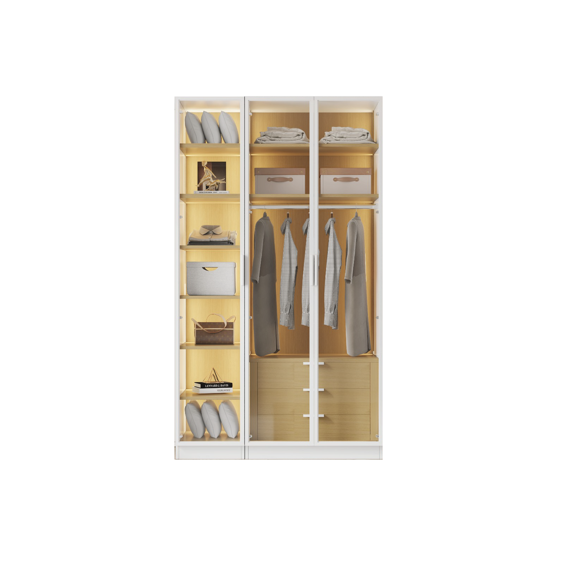 ארון בגדים 3 דלתות זכוכית עם תאורת LED רוחב 120 סדרת איטליה דגם טורינו לבן משולב עץ טבעי | מבית WOODY