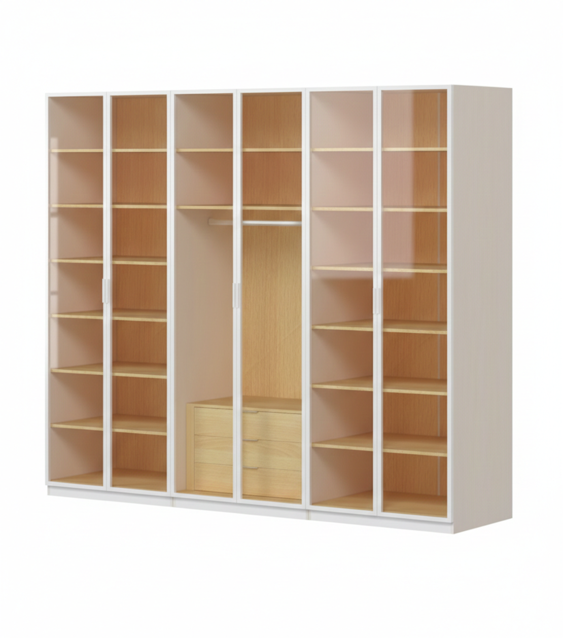 ארון בגדים 4 דלתות זכוכית עם תאורת LED דגם קופנהגן לבן משולב עץ טבעי | מבית WOODY