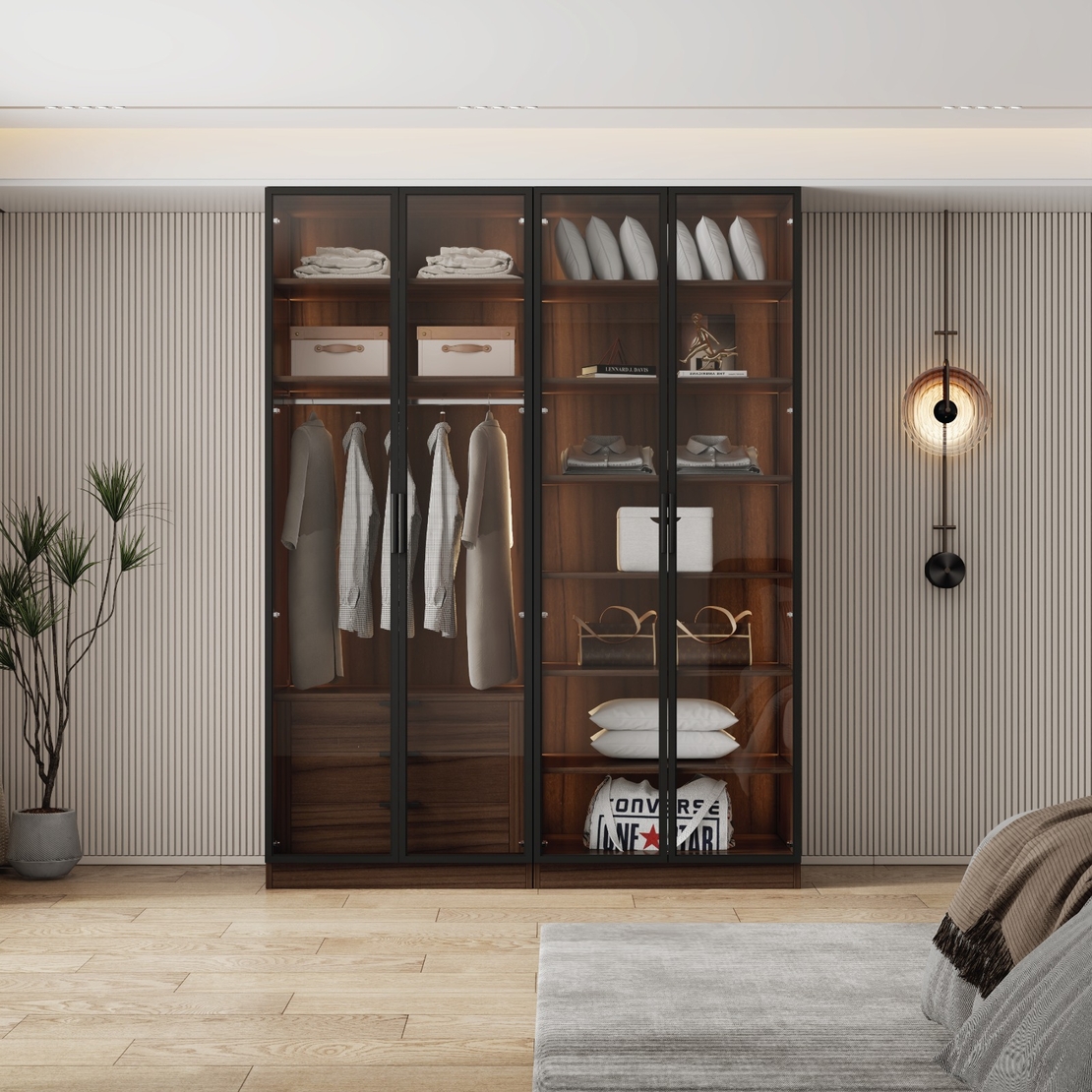 ארון בגדים 4 דלתות זכוכית עם תאורת LED רוחב 160 סדרת איטליה דגם פיזה חום כהה | מבית WOODY