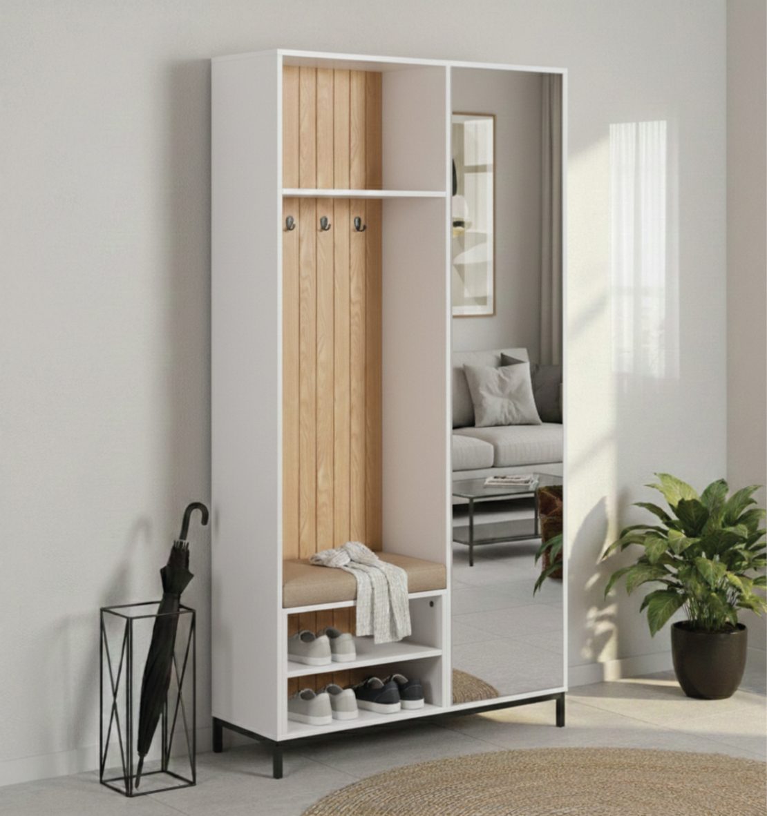 ארון כניסה מעוצב רוחב 100 כולל ספסל ישיבה ומראה דגם טוקיו Tokyo לבן משולב אלון | מבית WOODY