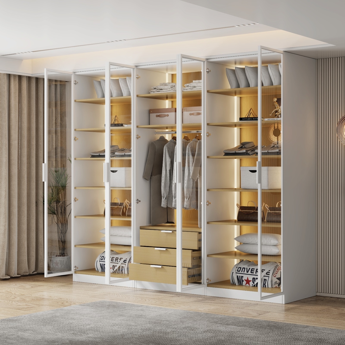 ארון בגדים 6 דלתות זכוכית עם תאורת LED רוחב 240 סדרת איטליה דגם רומא לבן משולב עץ טבעי | מבית WOODY