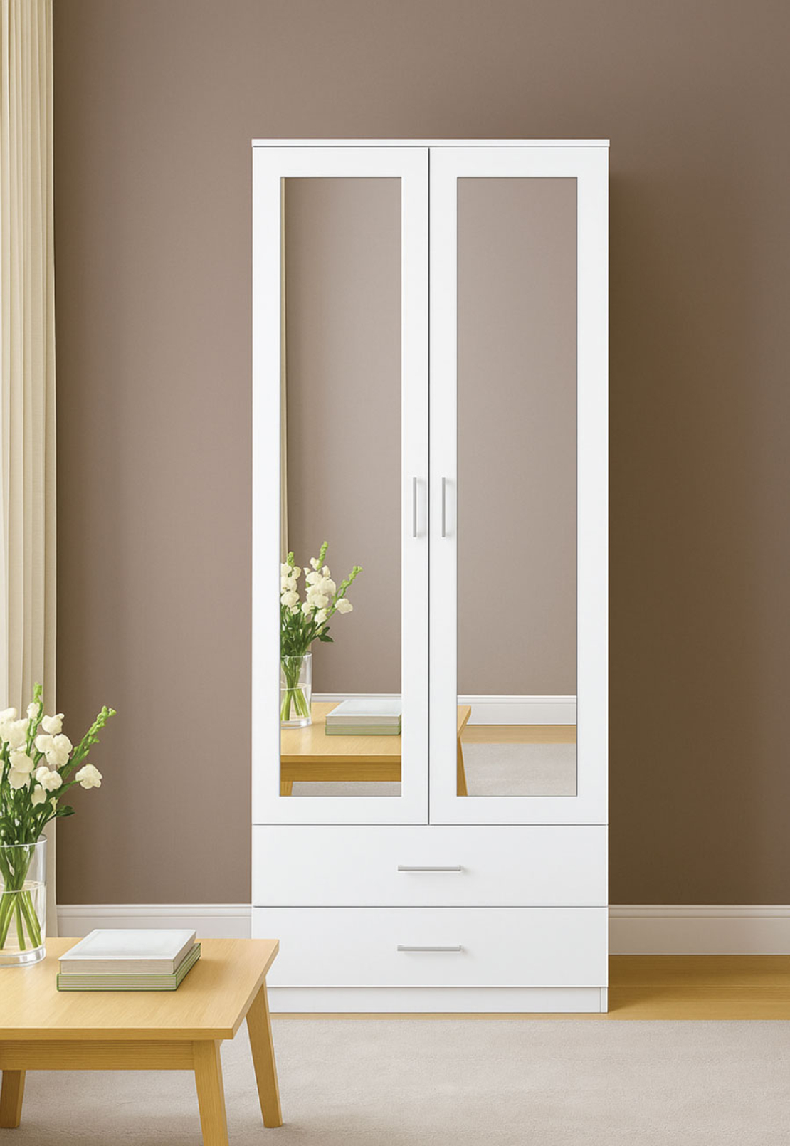 ארון בגדים 2 דלתות 80×220 עם מראות דגם מתן Matan לבן | מבית WOODY