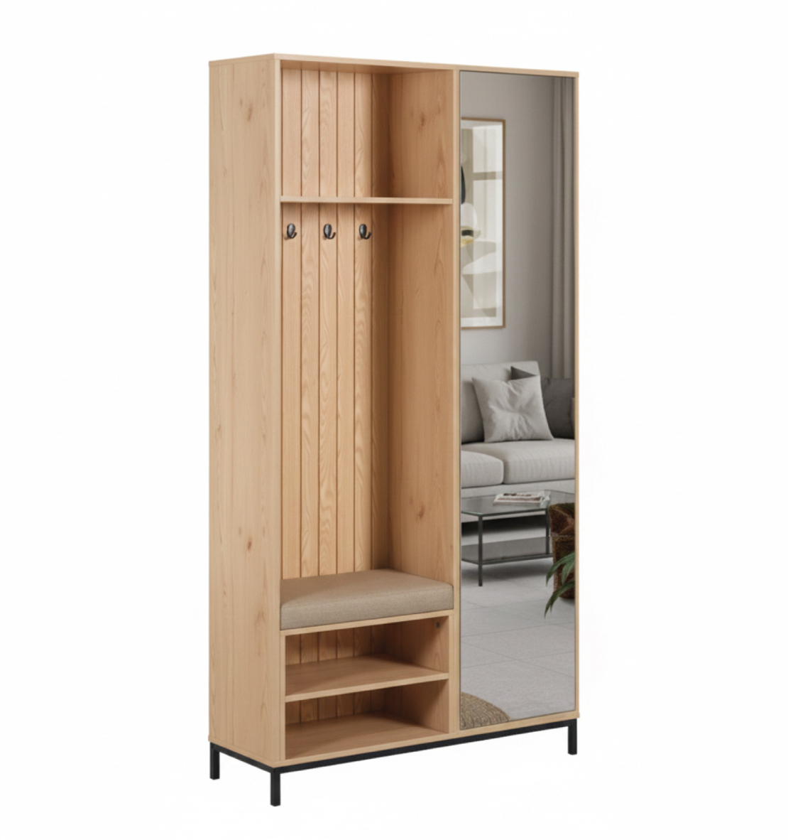 ארון כניסה מעוצב רוחב 100 כולל ספסל ישיבה ומראה דגם טוקיו Tokyo אלון | מבית WOODY