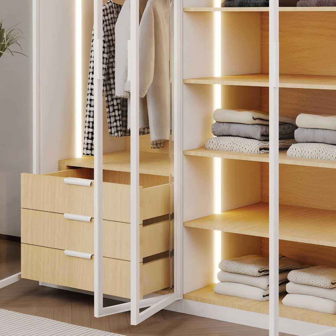 ארון בגדים 4 דלתות זכוכית עם תאורת LED דגם קופנהגן לבן משולב עץ טבעי | מבית WOODY