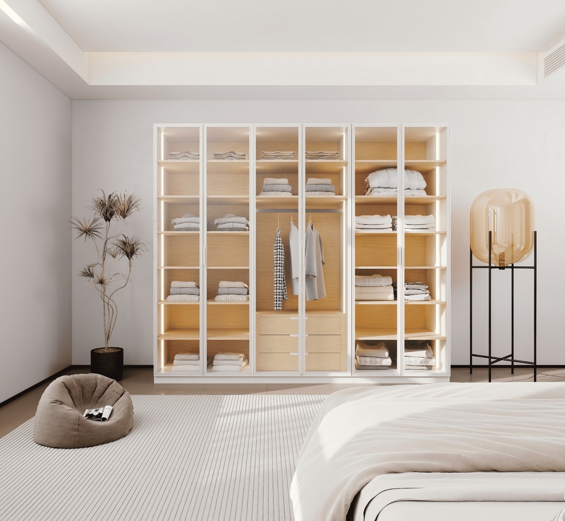 ארון בגדים 6 דלתות זכוכית עם תאורת LED רוחב 240 סדרת איטליה דגם רומא לבן משולב עץ טבעי | מבית WOODY