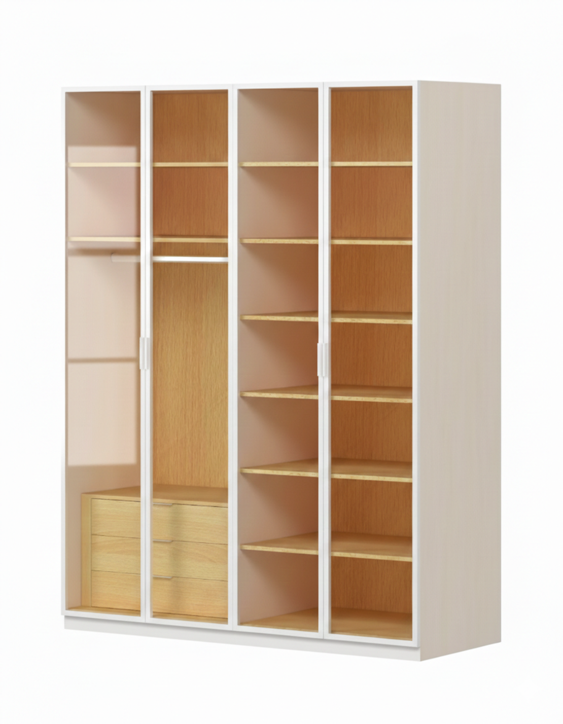 ארון בגדים 4 דלתות זכוכית עם תאורת LED דגם קופנהגן לבן משולב עץ טבעי | מבית WOODY